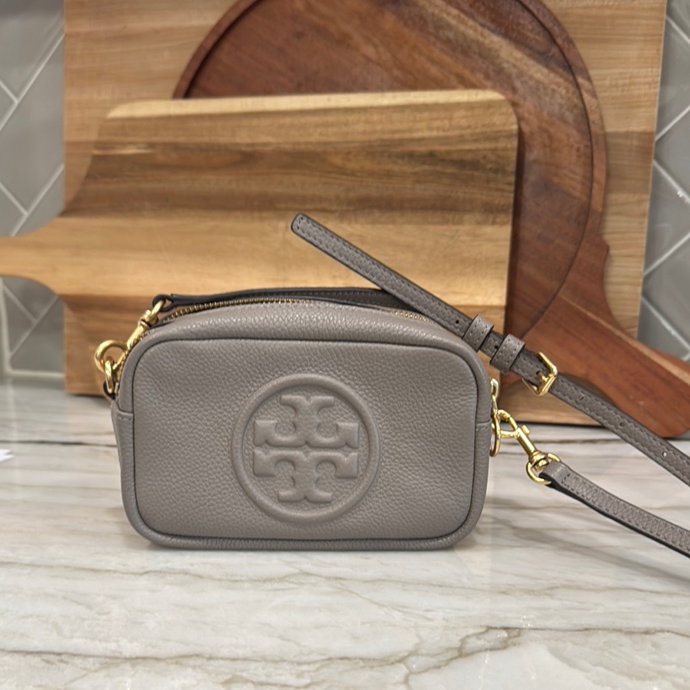 Tory Burch Gray Crossbody Bag with Embossed Logo
